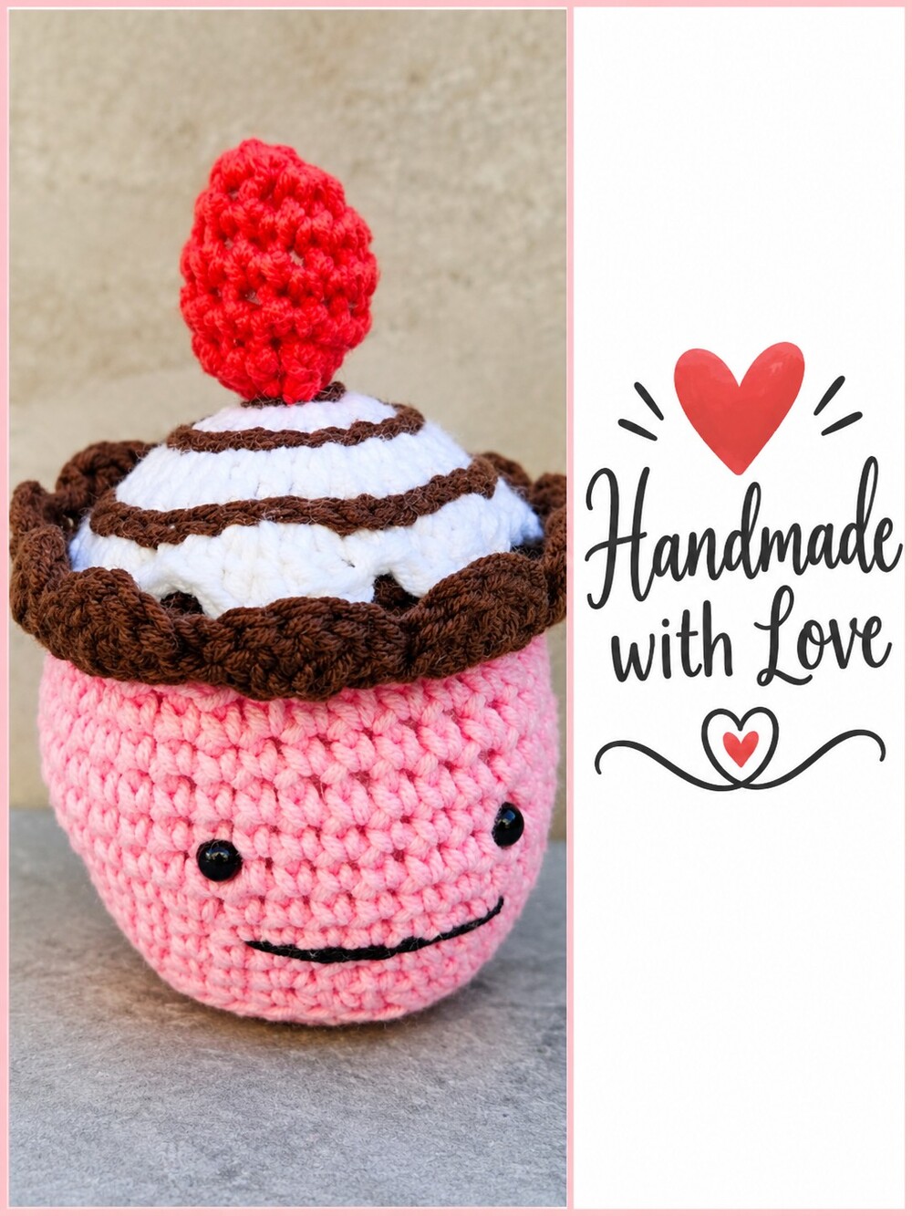 NEW Handmade Crochet Cupcake Pink White Brown Mini Decor